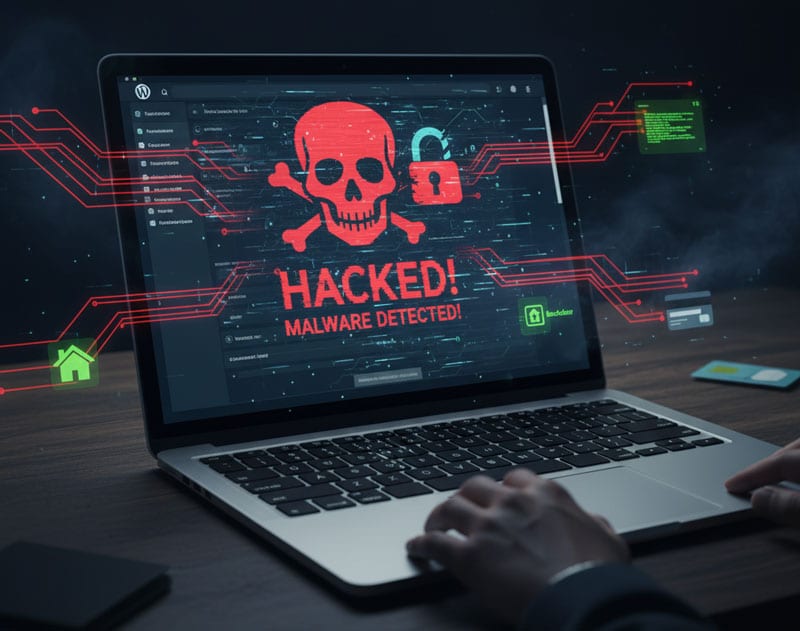 A laptop screen with a red 'Hacked!' notification and skull icon, illustrating the critical need for professional WordPress repair services for malware detection.