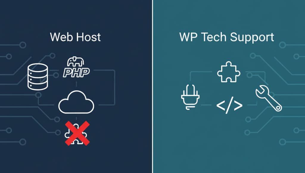 Diagram showing the division of WordPress maintenance between a Managed Host (server/caching) and a Specialist (application, plugins, code conflicts).