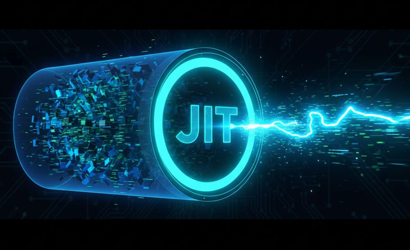 Conceptual rendering of PHP 8's Just In Time (JIT) compilation feature, showing data being instantly compiled for dramatic performance and speed boosts.