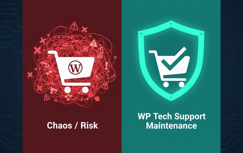 Conceptual image illustrating the high risk of plugin conflict versus the stability provided by expert WooCommerce maintenance.