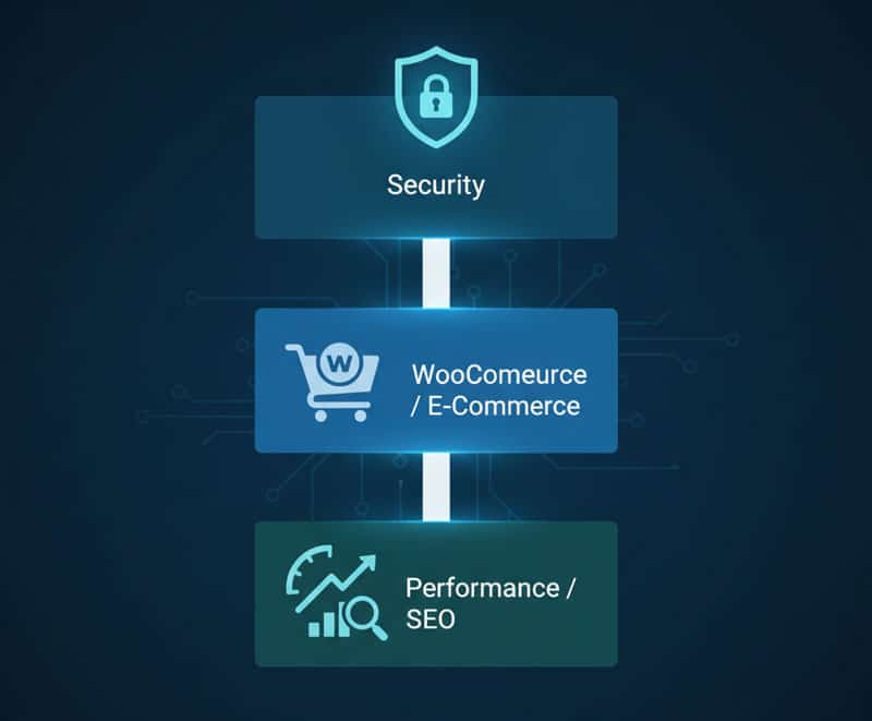 Layered diagram showing successful WordPress plugin integration: Security (top layer), E-commerce (middle), and Performance/SEO (bottom).