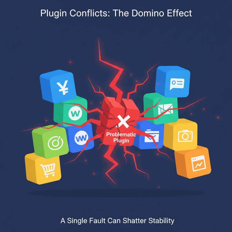 Conceptual image illustrating the high risk of WordPress plugin conflict, showing a broken connection point causing site instability.
