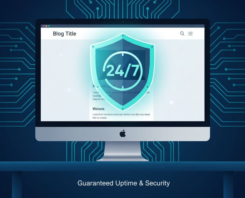 Conceptual image of 24/7 expert maintenance: a digital security shield protecting a WordPress blog from malware and downtime.