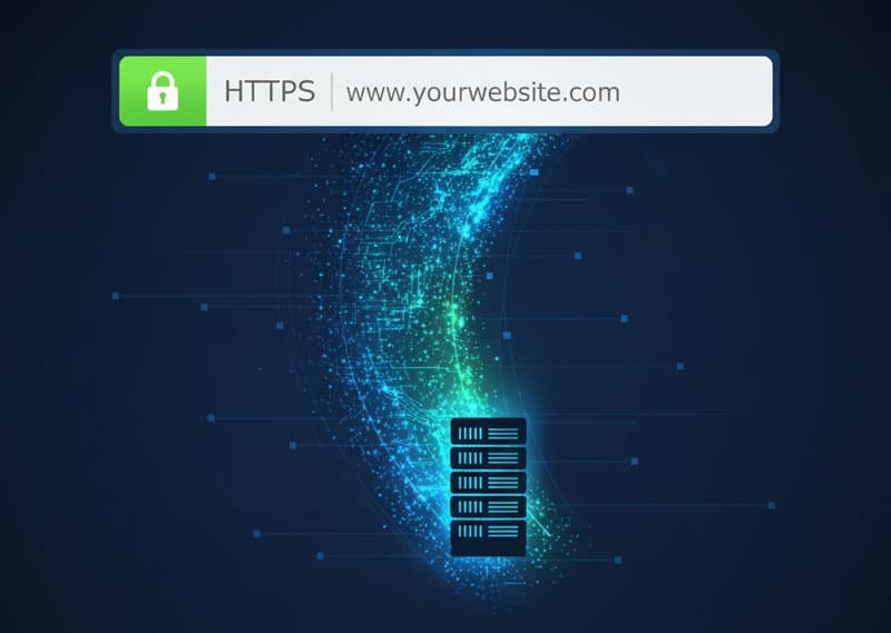 Illustration of a secure website connection: browser URL showing HTTPS and a digital padlock icon connected to a protected server.