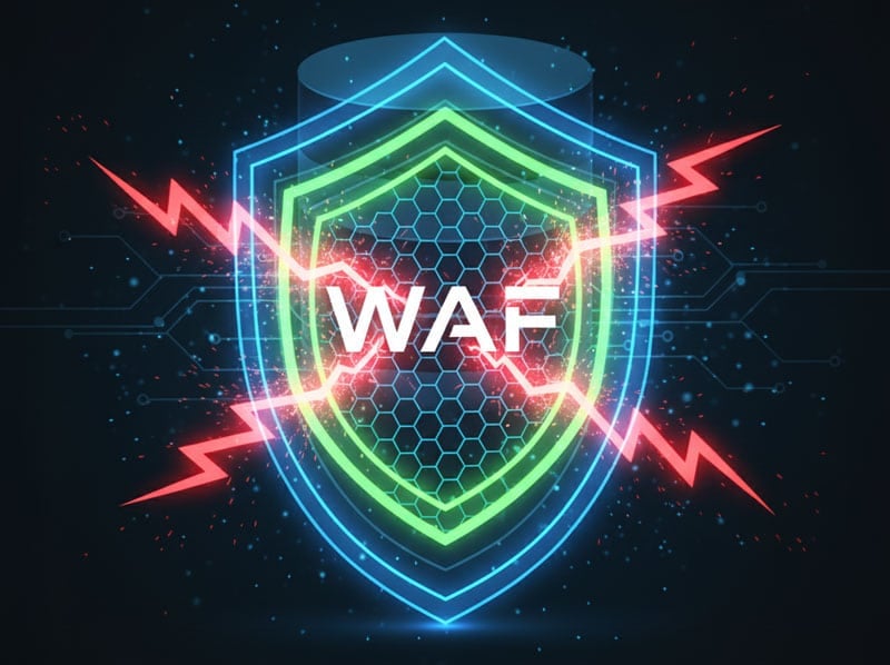 Conceptual diagram of server-side security, showing a Web Application Firewall (WAF) and real-time monitoring blocking malware and brute force attacks.