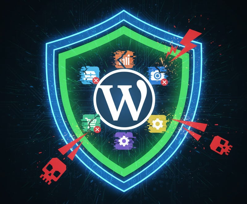 Security diagram showing a protective firewall shield around the WordPress logo, mitigating risks from vulnerable third-party plugins.