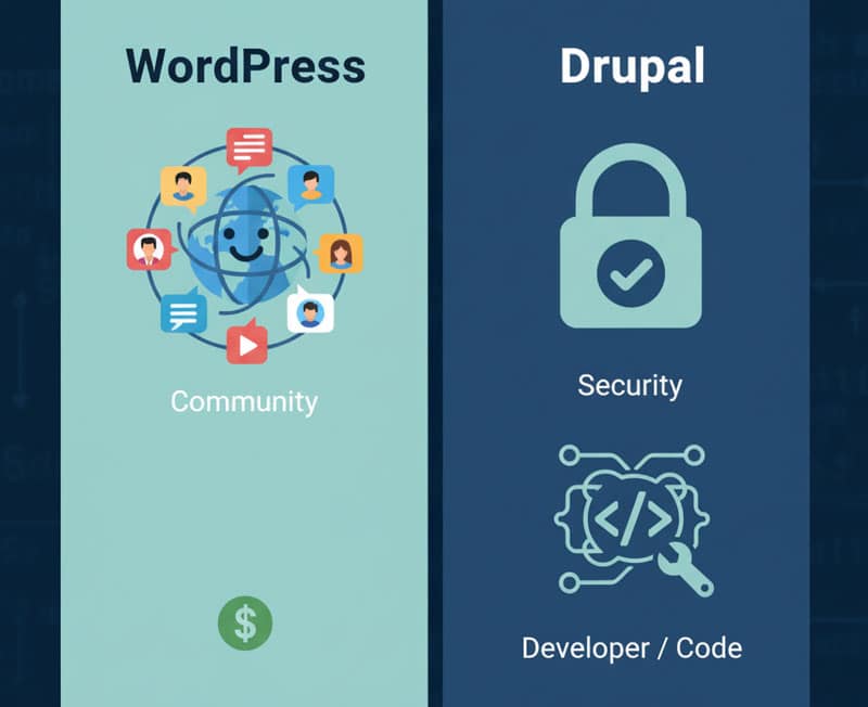 Comparison graphic illustrating the cost-benefit trade-off between WordPress (low development cost/high flexibility) and Drupal (high development cost/high built-in security).