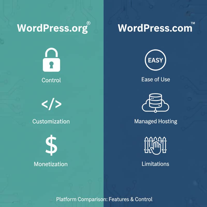 Diagram comparing WordPress.org (complete control, high maintenance) vs WordPress.com (simple setup, limited control, built-in hosting).