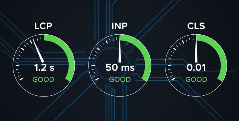 Diagram of the three Google Core Web Vitals metrics: LCP (loading), INP (interactivity), and CLS (visual stability) shown in the green zone.