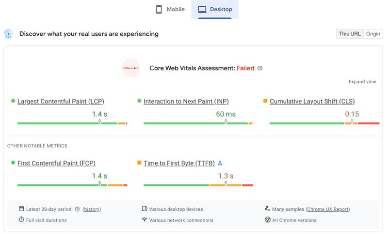 Pagespeed insignts test showing the core web vitals metrics.