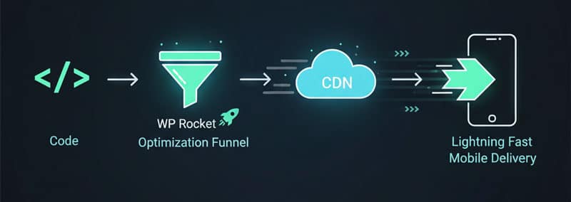 Technical flow chart illustrating Core Web Vitals improvement via caching, GZIP compression, CDN integration, and deferred JavaScript loading.