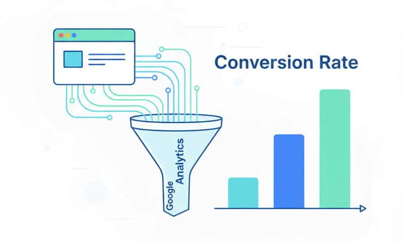 Diagram showing the flow of customer data from a landing page through Google Analytics processing and exiting as a final conversion report.