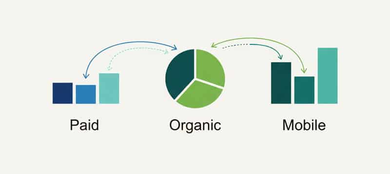Visual representation of advanced Google Analytics segmentation, comparing performance metrics across Paid, Organic, and Referral traffic sources.