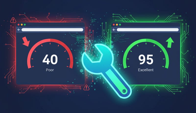 tylized representation of a Technical SEO audit, showing a low Google Core Web Vitals score being optimized to achieve high speed and site ranking.