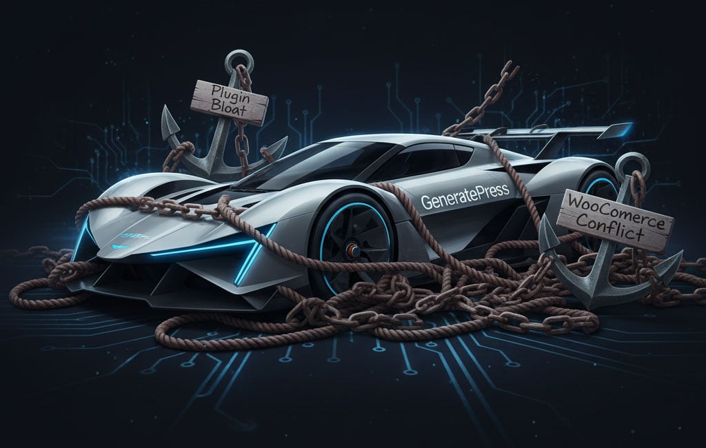 Conceptual image illustrating a fast WordPress theme (race car) being slowed down by plugin conflicts and code bloat (heavy chains or anchors).
