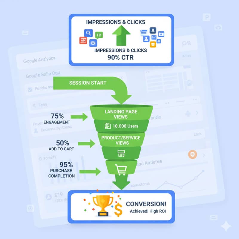 Visual representation of a successful ad conversion funnel in Google Analytics, showing high conversion rates and tracked user behavior.