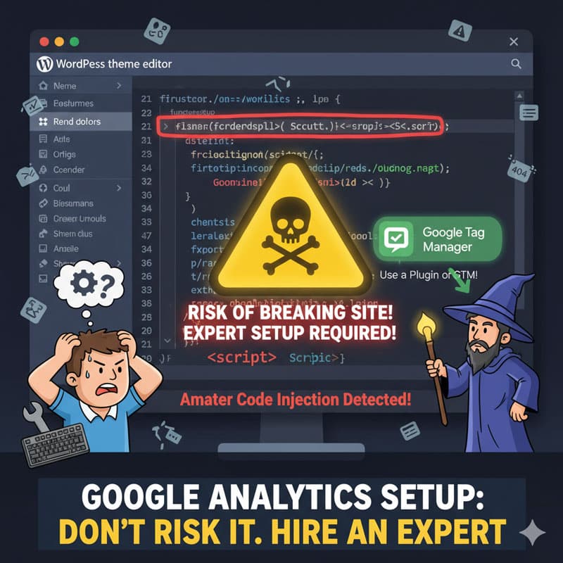 Illustration of a risky Google Analytics tracking tag installation in the WordPress theme editor with a warning sign, emphasizing the need for expert setup.