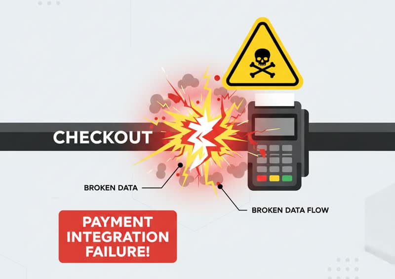 Conceptual image of a broken WooCommerce integration, showing a checkout loop error or payment gateway failure due to plugin conflict.