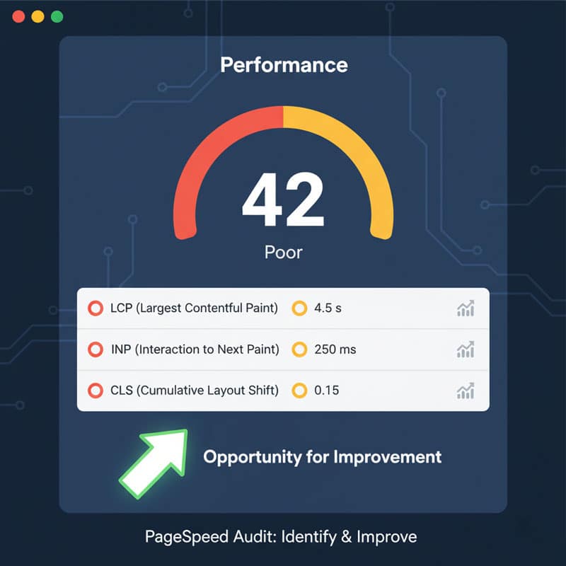 Google PageSpeed Insights screenshot showing the three Core Web Vitals (LCP, INP, CLS) assessed for website performance.