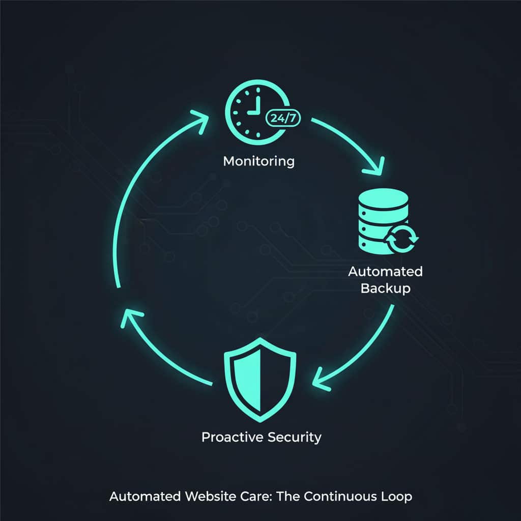 Illustration of automated WordPress maintenance: secure offsite backup, 24/7 uptime monitoring, and conflict-free plugin update icons.
