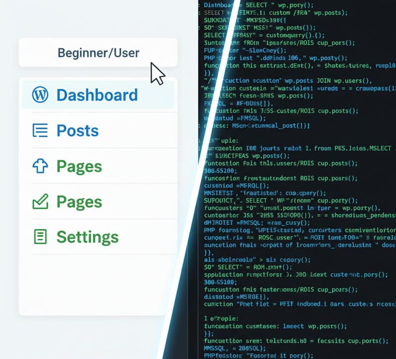 Graphic illustrating the WordPress skill gap: point-and-click dashboard for beginners versus PHP and MySQL code for professional custom development.