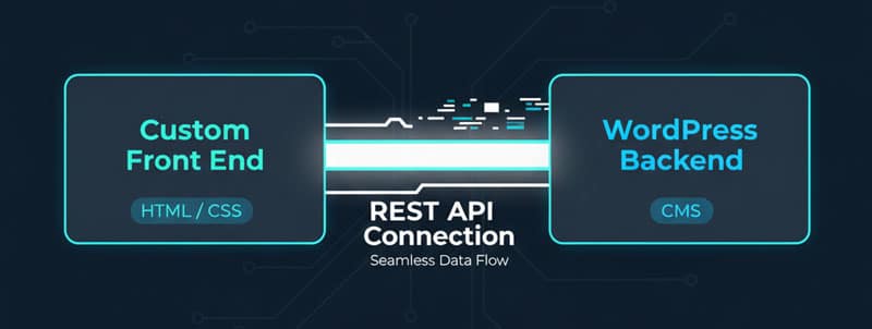 Conceptual diagram showing the integration of WordPress as a backend CMS connecting via API to a custom, static front-end application.
