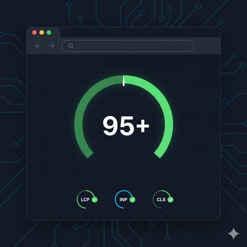 Stylized representation of a website speed testing tool showing high scores for Core Web Vitals and technical SEO performance.