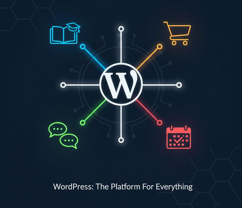 Graphic illustrating diverse WordPress use cases: LMS (learning), E-commerce (shopping cart), Membership sites, and community forums.