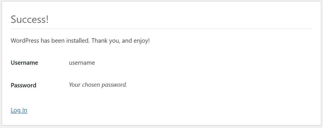 wordpress login screen after installation