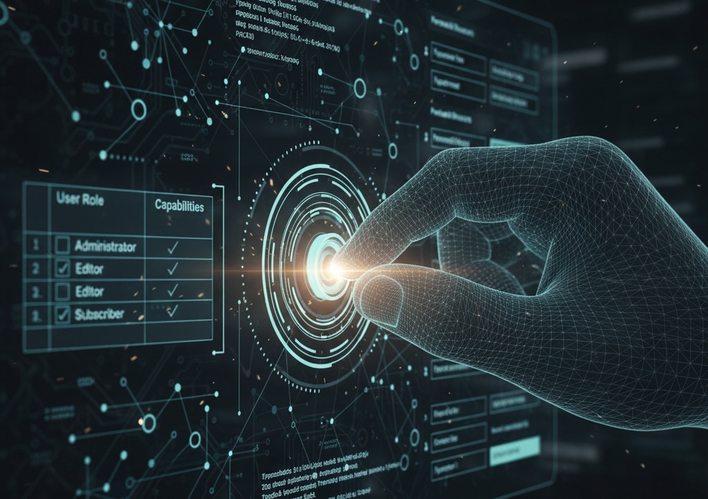 Conceptual image of an expert hand managing the complex backend settings and core mechanisms of the WordPress dashboard.