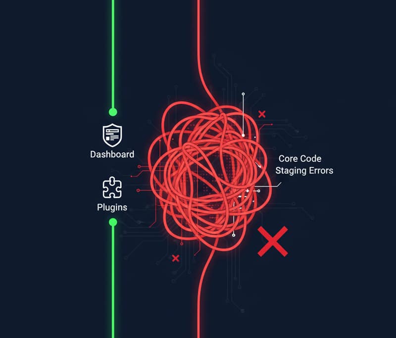 Conceptual roadmap illustrating the easy, structured path to learning WordPress basics versus the confusing, un-directional path that leads to complexity.