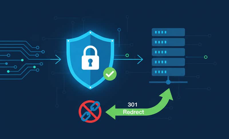 Conceptual image of data flow, showing a 301 redirect arrow and a secure firewall shield for advanced WordPress security.