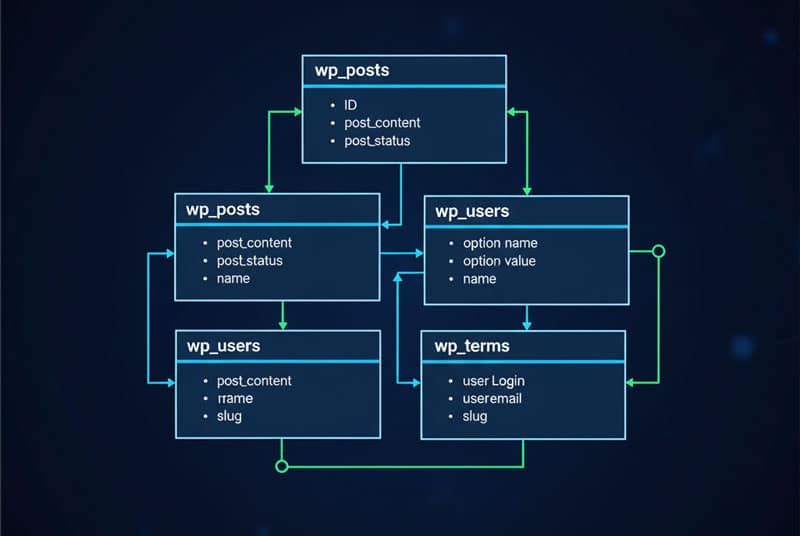 Database diagram illustrating the core WordPress tables: wp_posts, wp_options, wp_users, and wp_terms.