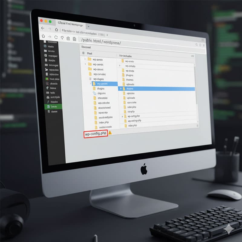 Visual representation of a WordPress file structure via cPanel or FTP, emphasizing the wp-content and wp-config.php files.