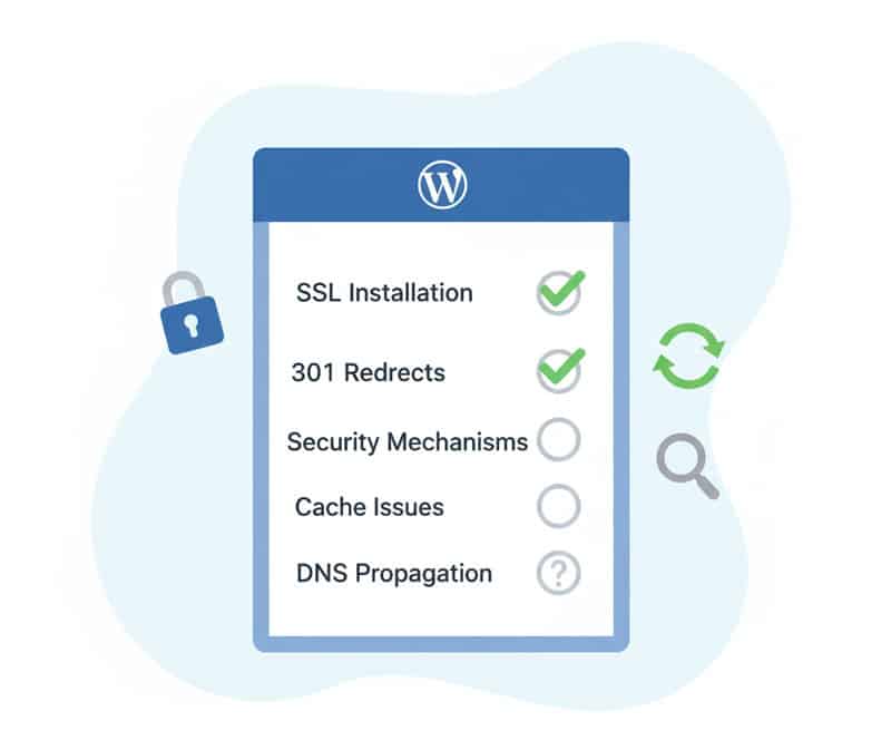 Flat design illustration of a digital checklist with items like SSL installation, redirects, security, and cache issues, representing essential WordPress post-installation and monitoring tasks.