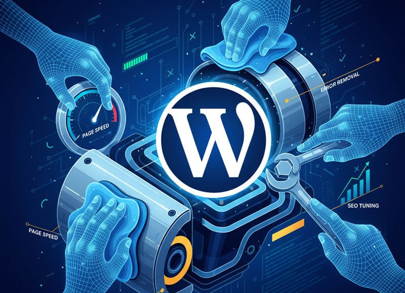 Illustration showing a stylized WordPress 'W' logo being fine-tuned by multiple expert hands working on speed, error removal, and SEO settings, representing a detailed WordPress optimization process.