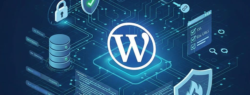 Panoramic graphic depicting advanced WordPress topics including security, database, server management, and SEO with the WordPress logo at the center.